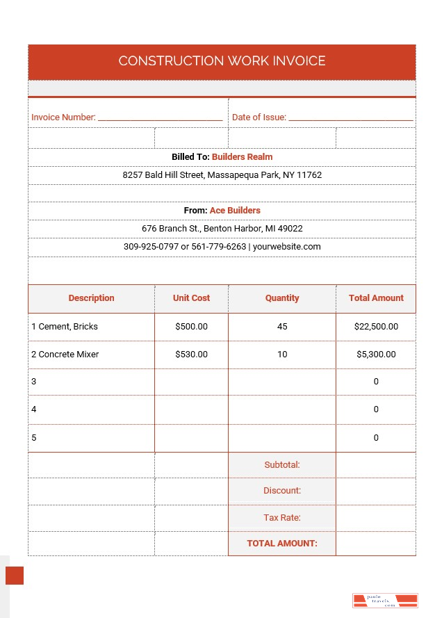 Construction Work Invoice Template PSD template